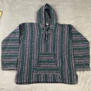 Unbranded Baja Hoodie Unisex L Green Blue Striped Jerga Mexican Poncho Pullover